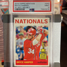 Load image into Gallery viewer, 2013 Bryce Harper PSA 9 Rookie Cup Topps Heritage #440 At Bat Helmet Nationals Phillies Baseball Card
