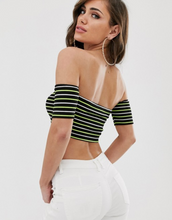 Load image into Gallery viewer, Off Shoulder Neon Stripe Top with Short Sleeve

