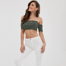 Load image into Gallery viewer, Off Shoulder Neon Stripe Top with Short Sleeve
