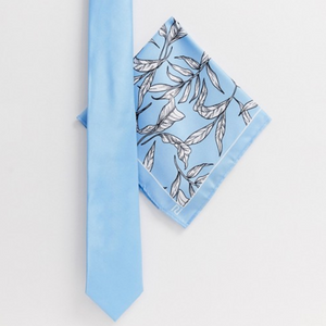 Light Blue Tie with Floral Print Pocket Square