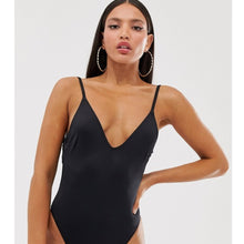 Load image into Gallery viewer, Plunge Neck Open Back Black Tall Swimsuit
